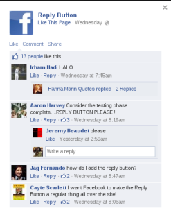 Facebook's Reply button in the comments in testing