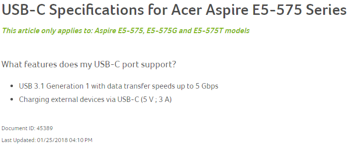 Acer Aspire Type C Specifications