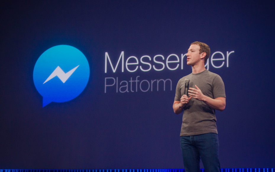 Facebook CEO Mark Zuckerberg on stage at the F8 2015 developer conference talking about the Messenger Platform.
