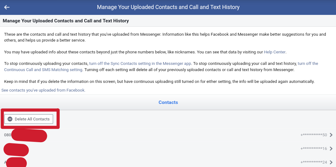 how to delete uploaded contacts on messenger