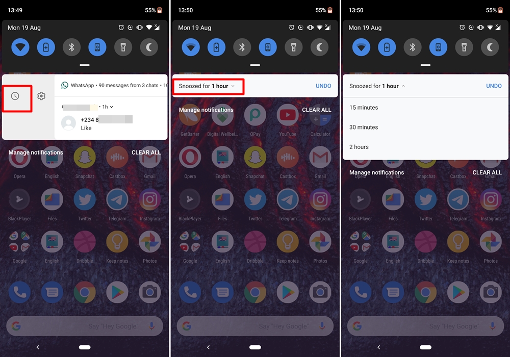 how to snooze notifications in Android