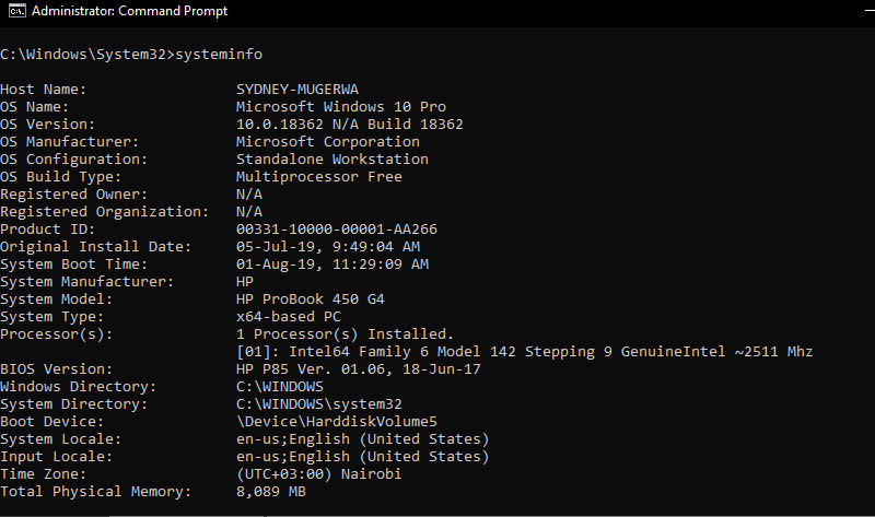 command prompt: systeminfo