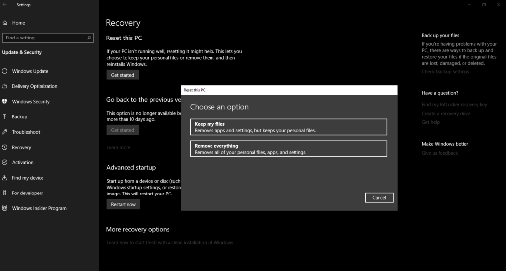Windows 10 PC Factory reset