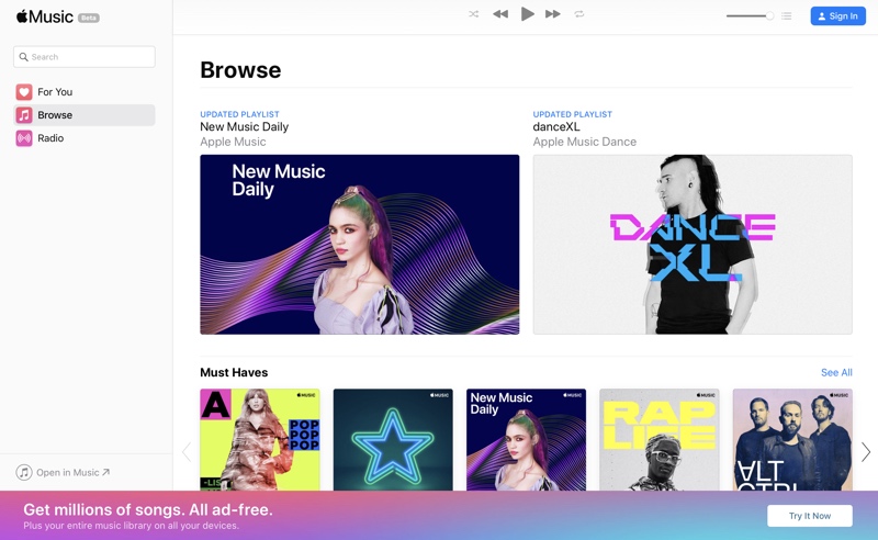A screenshot of Apple Music Web Player