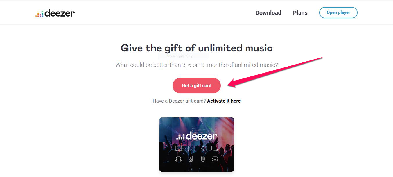 screenshot of deezer's website showing the button for Getting a gift card