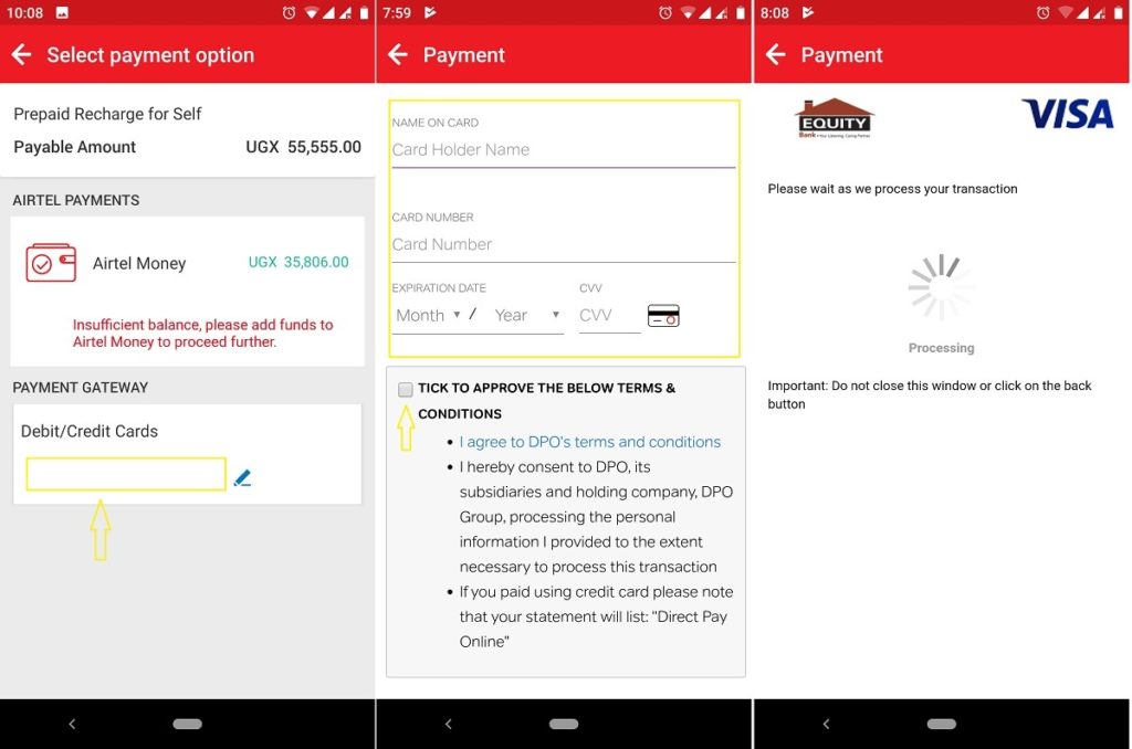 Airtel bundles using credit card