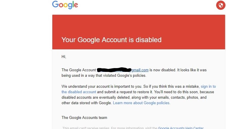 Google account deleted due to tos violations