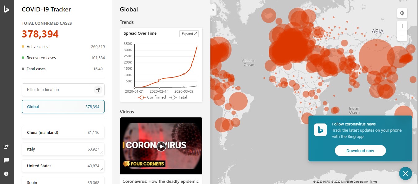 Bing COVID-19 tracker