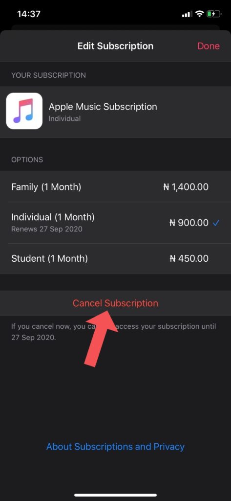 cancel your apple music subscription