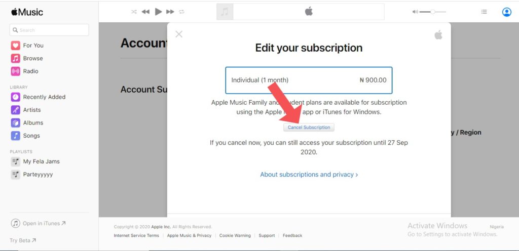 cancel apple music subscription