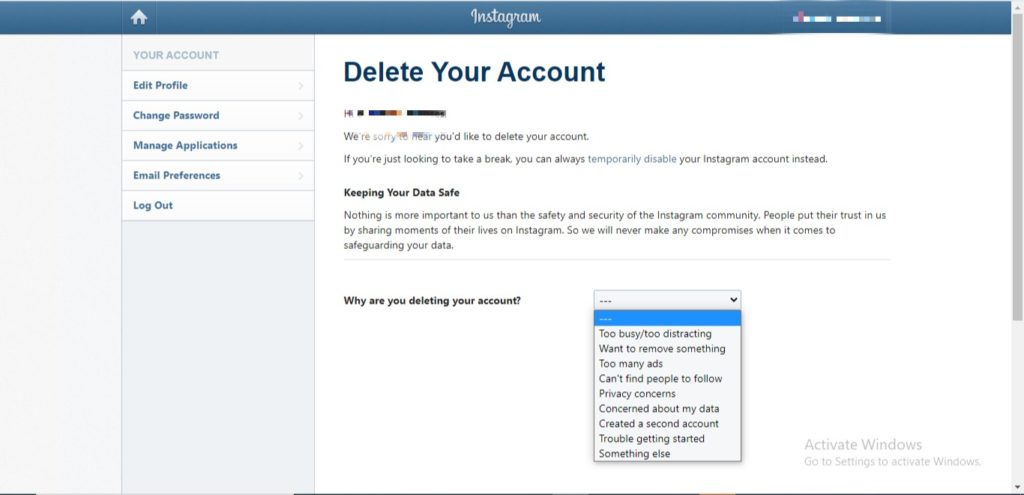 delete your instgram account
