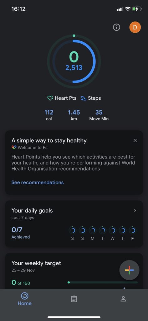 Google Fit home page
