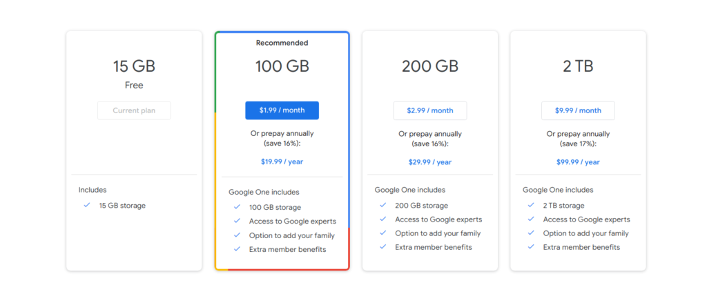 price of Gmail Google Drive storage upgrade