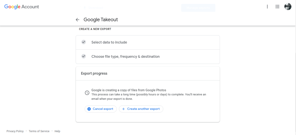 Google Photos Export in progress