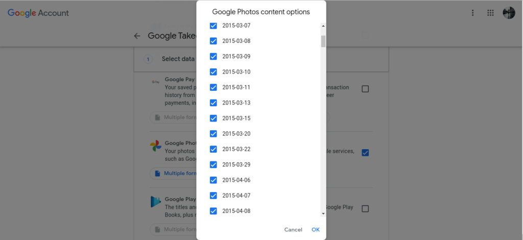 Select Google Photos albums to export