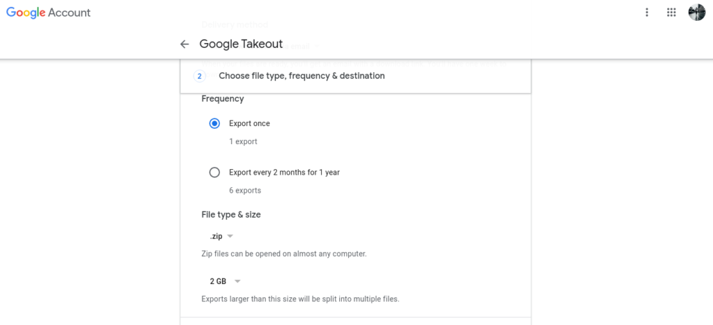 Select Google Photos Export parameters