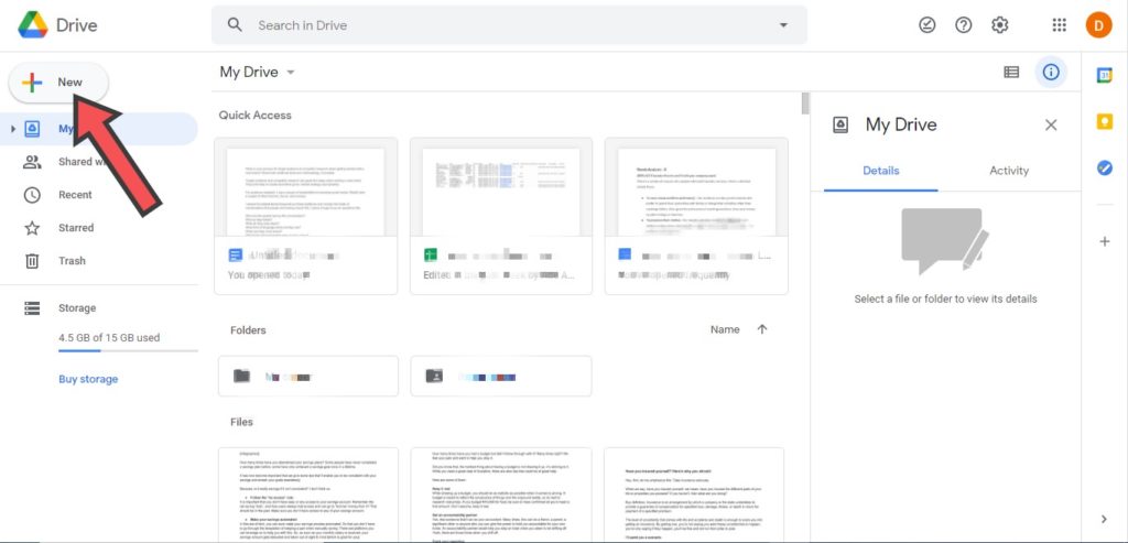 Google drive homepage