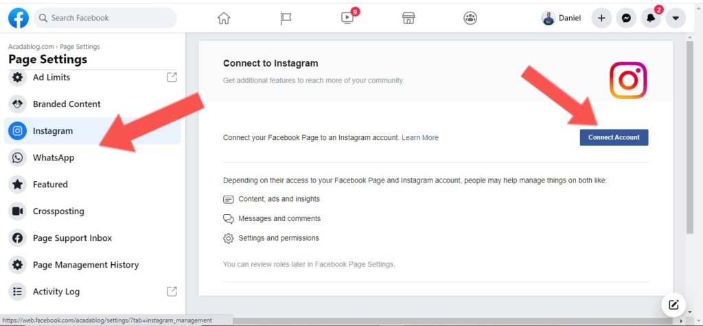 connect facebook page to instagram business account