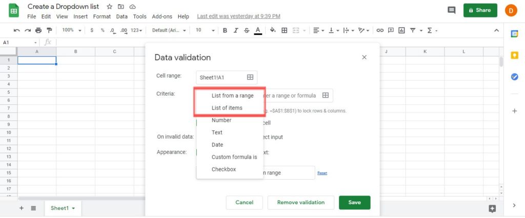 create dropdown list google sheets