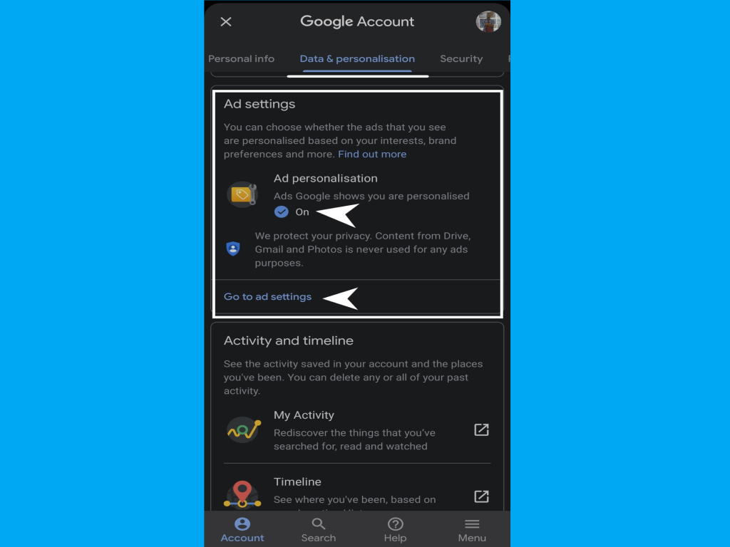 Entering Google ad personilisation settings on smartphone