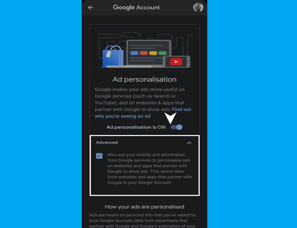 turning off Google ad personilisation on smartphone