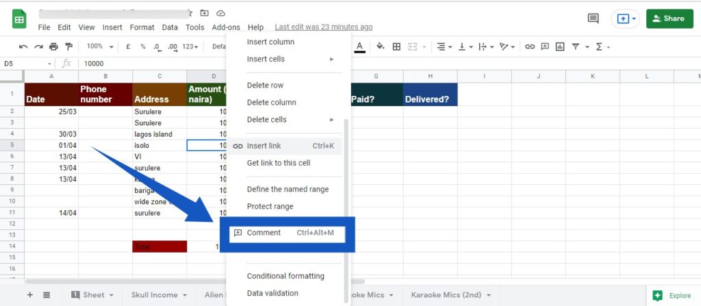 Comments in Google Sheets