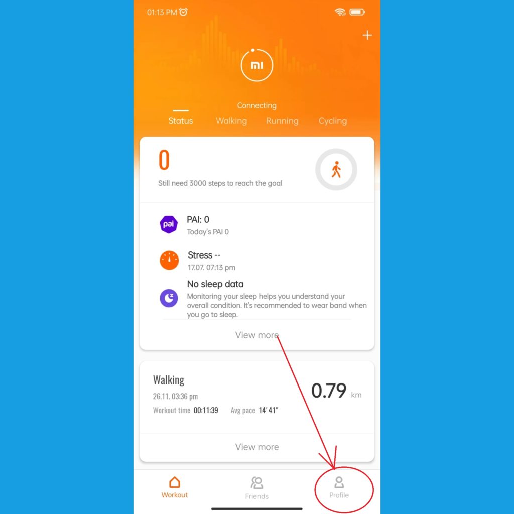 Mi Fit app select Profile Tab