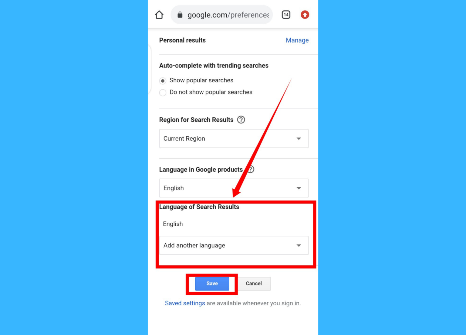 How to change google search language dignited