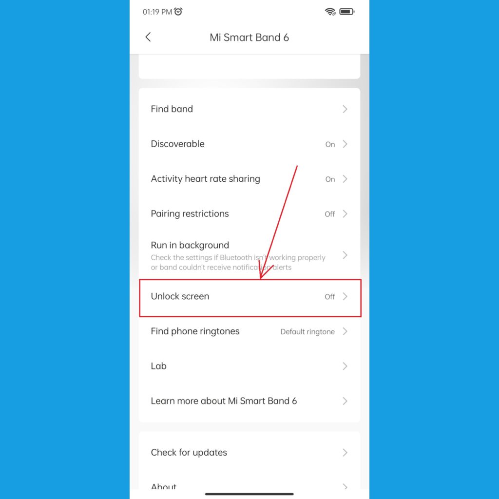 Select Unlock screen in Mi Fit app
