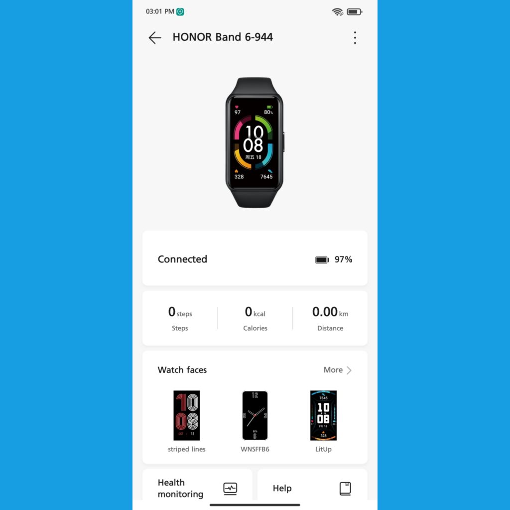 Honor Band 6 management screen