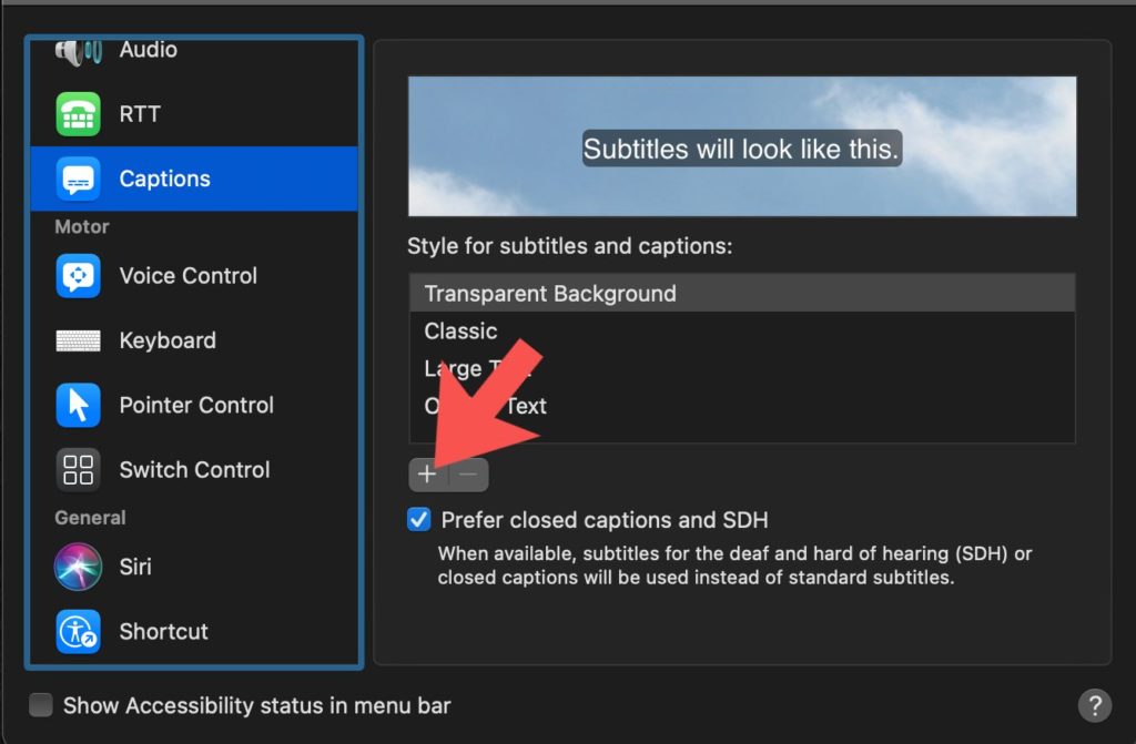 add closed captions style mac