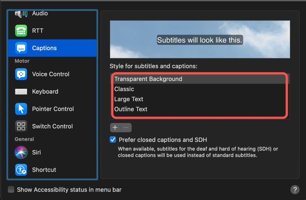 closed caption styles mac