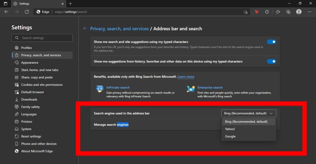 Change Search Engine on Microsoft Edge