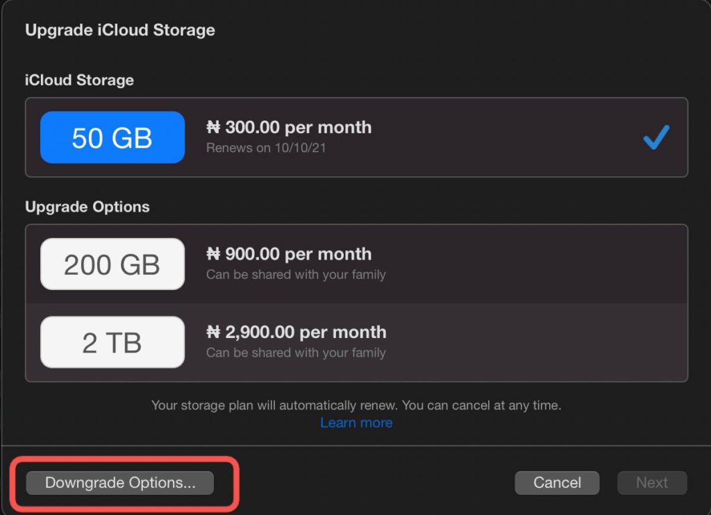 download cancel icloud storage plan mac