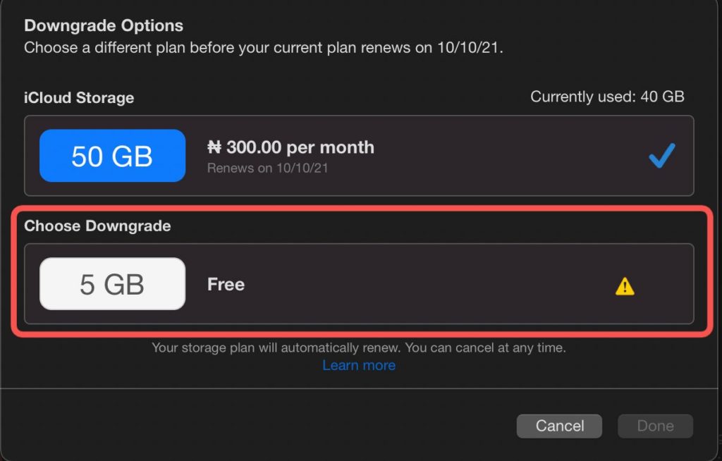 download cancel icloud storage plan mac