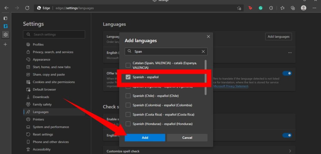 how to change microsoft edge language from arabic to english