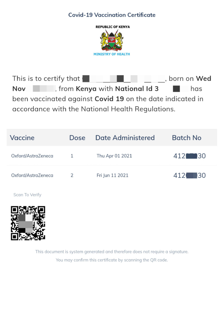 COVID-19 Vaccination certificate Kenya