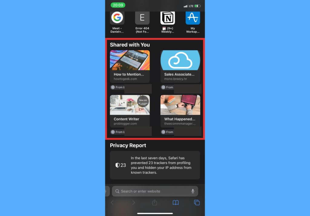 shared with you tab iphone safari browser
