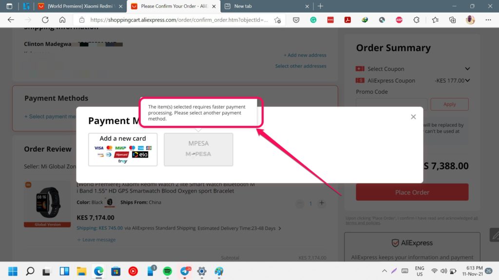 m-pesa not supported on some AliExpress listings