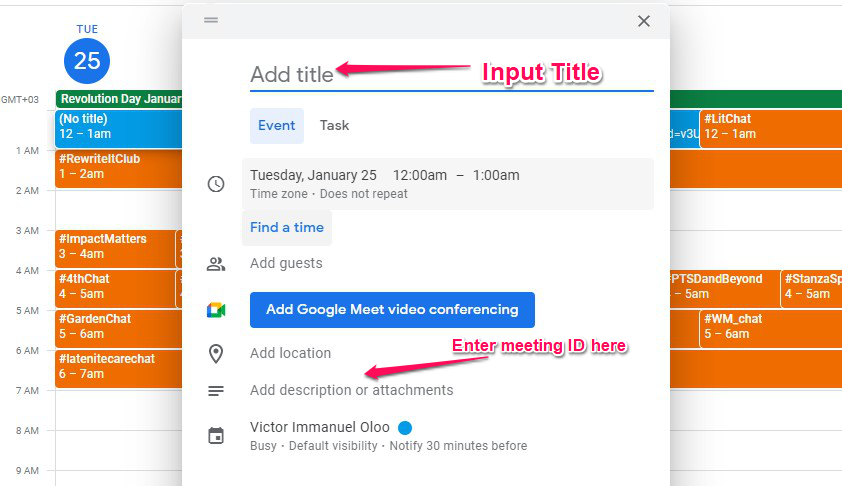 Manually creating an event using Google Calender
