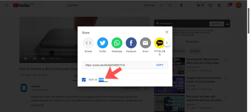 share youtube video start time