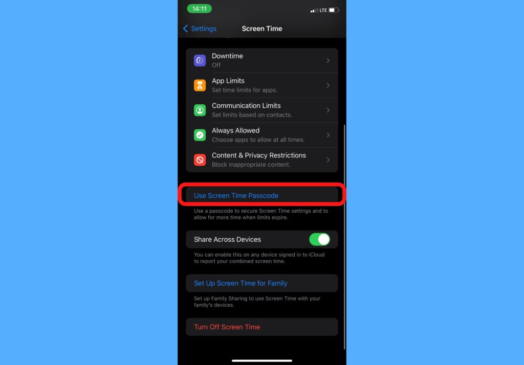 screen time passcode ios