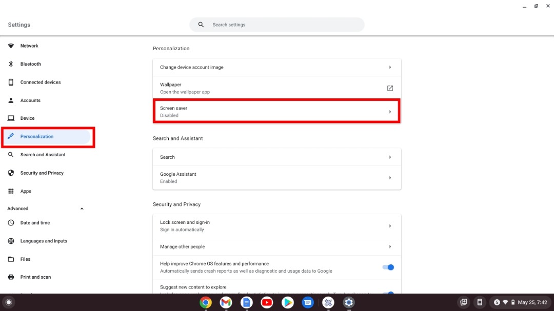 Enable a screensaver on a Chromebook