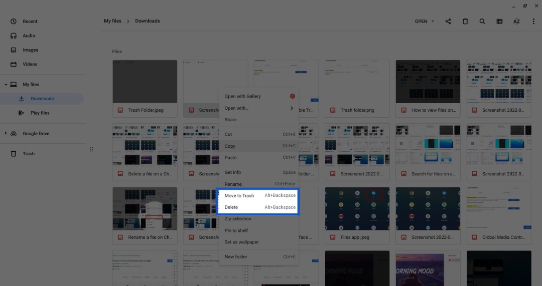 Move file to Trash on a Chromebook