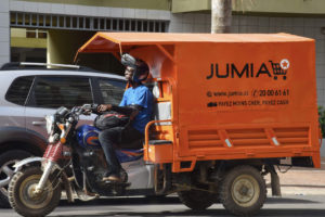 A delivery man drives a transporter with an advertisement for Nigeria's e-commerce site Jumia in the Plateau district of Abidjan on April 24, 2019. - Jumia, the e-commerce site based in Nigeria, became on April 12, 2019 the first African start-up to make its debut on Wall Street. (Photo by ISSOUF SANOGO / AFP)ISSOUF SANOGO/AFP/Getty Images