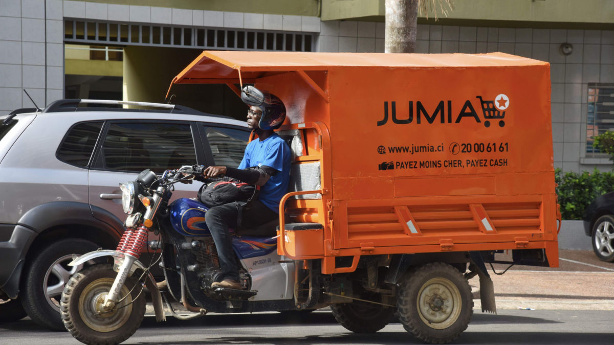 A delivery man drives a transporter with an advertisement for Nigeria's e-commerce site Jumia in the Plateau district of Abidjan on April 24, 2019. - Jumia, the e-commerce site based in Nigeria, became on April 12, 2019 the first African start-up to make its debut on Wall Street. (Photo by ISSOUF SANOGO / AFP)ISSOUF SANOGO/AFP/Getty Images