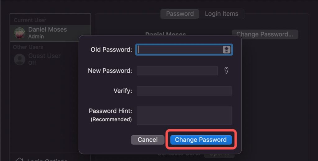 change password macbook