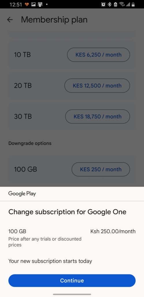 confirm change of google one subscription