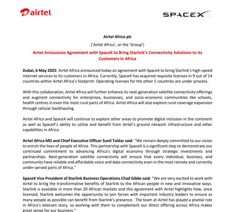 Airtel, Spacex press release